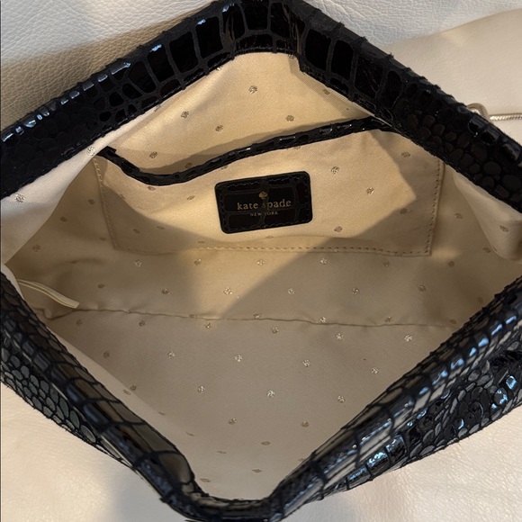 Kate Spade black glossy goat leather snake embossed frame clutch crossbody EUC - Picture 4 of 11